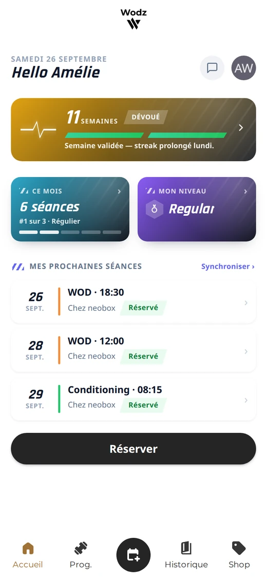 Application mobile Wodz : accueil de l'adhérente, série de 11 semaines, 6 séances ce mois, niveau Regular et trois séances réservées